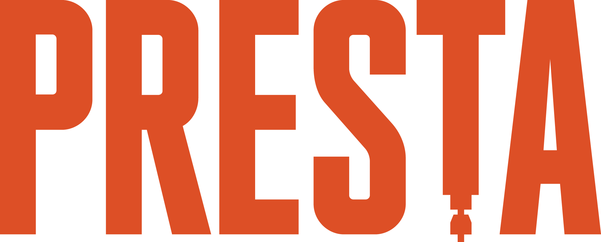 Logo for Presta, featuring bold, orange lettering with a stylized exclamation mark.